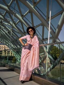 Elora - Pure Katan Silk Checks Handloom Weaving Saree Light Pink with Unstitched Blouse