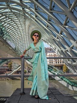 Elora - Pure Katan Silk Checks Handloom Weaving Saree Turquoise Blue with Unstitched Blouse