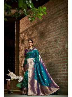 Elora - Silk Blend Woven Banarasi Designer Saree for Womenblue with Unstitched Blouse