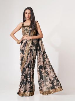 Odette - Black Printed Organza Saree for Women with Unstitched Blouse
