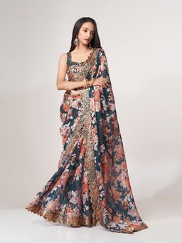 Odette - Blue Printed Organza Saree for Women with Unstitched Blouse