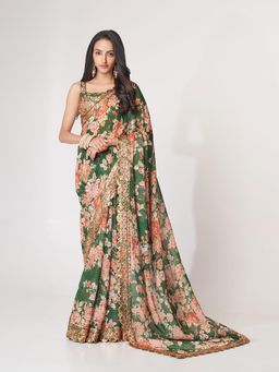 Odette - Green Printed Organza Saree for Women with Unstitched Blouse