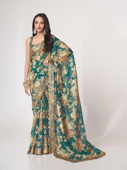 Odette - Teal Printed Organza Saree for Women with Unstitched Blouse
