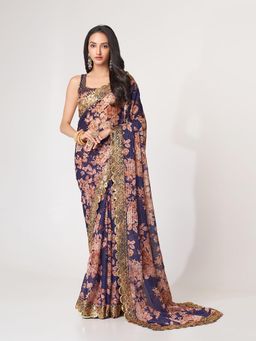 Odette - Purple Printed Organza Saree for Women with Unstitched Blouse