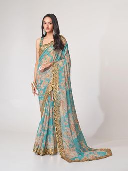 Odette - Blue Printed Organza Saree for Women with Unstitched Blouse