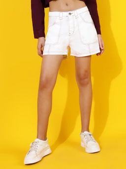 Belliskey - Women Regular Fit Mid Rise White Denim Shorts