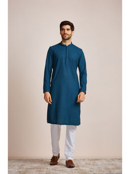 Manyavar - Blue Blended Cotton Embroidery Kurta Pencil Pyjama Set (Set of 2)