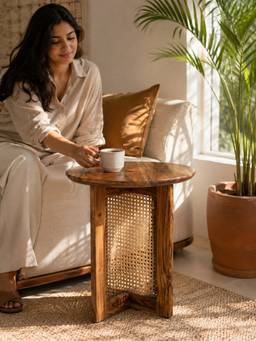 THEGASBH - ACACIA WOOD AND CANE SOFA SIDE TABLE