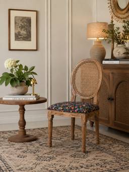THEGASBH - CANE CHAIR WITH PRINTED UPHOLSTERY AND WOODEN LEGS