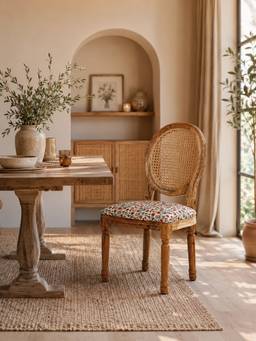 THEGASBH - CANE CHAIR WITH PRINTED UPHOLSTERY AND WOODEN LEGS