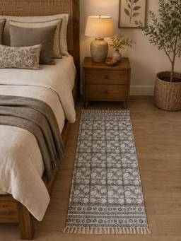 THEGASBH - GREY FLORAL BED SIDE RUNNER DHURRIE RUG