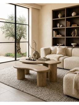THEGASBH - BEIGE 3-Piece Leather Fabric Top Solid Wood Coffee Table Set (Pack of 3)
