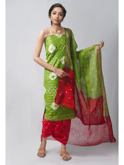 Unnati Silks - Unstitched Green Pure Bandhani Cotton Salwar Kameez (Set of 3)