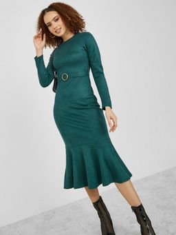 Styli - Green Long Sleeves Suede Look Sheath Midi Dress With Frill Hem