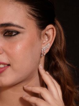 Niscka - Rhodium-Plated American Diamond Leaf Design Dangler Drop Earrings