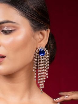 Niscka - Long Tassel Drop Earrings with American Diamond Zircon and Blue Stone