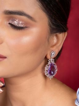 Niscka - Luxurious Rhodium-Plated Oval Purple American Diamond Drop Earrings
