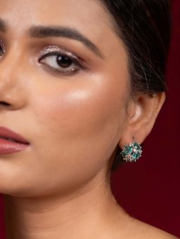 Niscka - Rhodium-Plated Drop Earrings with Emerald and American Diamonds