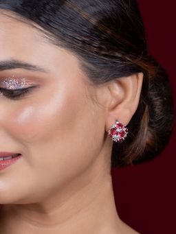 Niscka - Rhodium-Plated American Diamond Drop Earrings with Ruby Red Stone