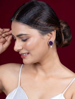 Niscka - American Diamond Zircon and Purple Pearl Stud Earrings