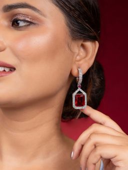 Niscka - Drop Earrings with American Diamonds Ruby and Zircon