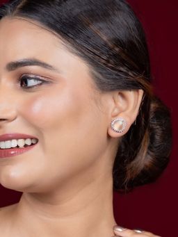 Niscka - Peach Water Stud Earrings with American Diamonds and Rhodium Plating