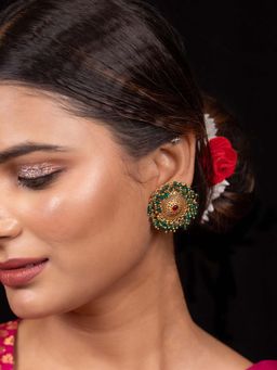 Niscka - 24K Gold-Plated Traditional Stud Earrings with Green Beads and Pink Stone