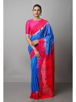 Unnati Silks - Blue Pink Rapid Hand Block Printed Silk Saree with Unstitched Blouse