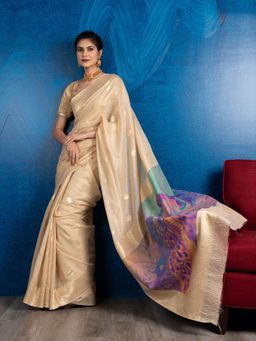 Beatitude - Beige Green Floral Zari Silk Blend Banarasi Saree with Unstitched Blouse