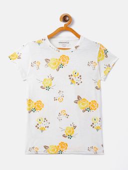 CRIMSOUNE CLUB - Girls Off White Floral Round Neck T-Shirt