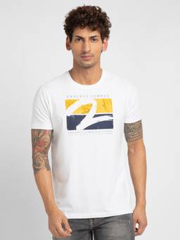 Spykar - Men White Cotton Slim Fit Printed Round Neck T-Shirt