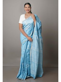 Unnati Silks - Light Blue Pure Block Printed Chanderi Sico Saree with Unstitched Blouse