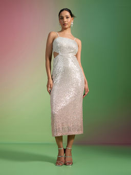RSVP by Nykaa Fashion - Cream Ombre Sequin Strappy Waist Cut Out Detail Midi Dress