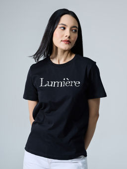 Twenty Dresses by Nykaa Fashion - Black Typography Print Embellished Round Neck T-shirt