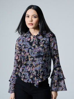 Twenty Dresses by Nykaa Fashion - Black Printed Tie Up Neck Full Sleeves Ruffled Top