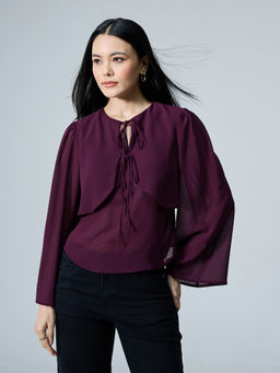 Twenty Dresses by Nykaa Fashion - Wine Keyhole Neck Full Sleeves Cropped Bodice Panel Top