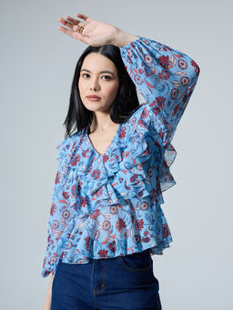 Twenty Dresses by Nykaa Fashion - Blue Floral Ruffled V Neck Tiered Hem Top