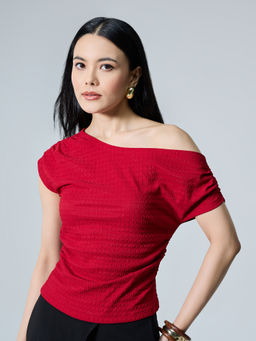 Twenty Dresses by Nykaa Fashion - Red One Shoulder Asymmetric Drape Side Ruched Top
