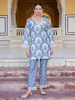 Kasya - Ice Blue Chanderi V-Neck Embroidered Pakistani Co-Ord (Set of 2)