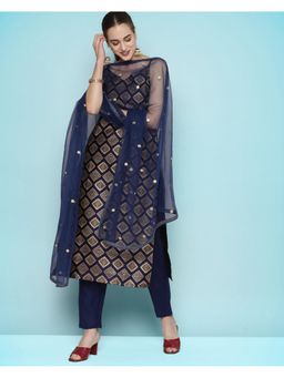 KVS FAB - Women Blue Silk Blend Woven Kurta with Pant and Dupatta (Set of 3)