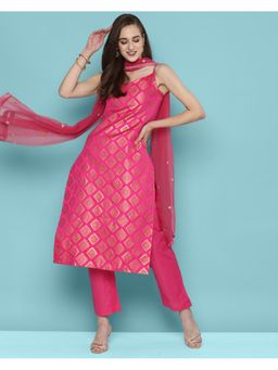 KVS FAB - Women Pink Silk Blend Woven Kurta with Pant and Dupatta (Set of 3)
