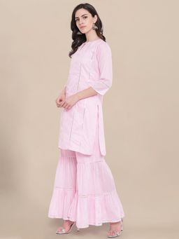 KVS FAB - Women Pink Cotton Embroidered Kurta with Sharara (Set of 2)