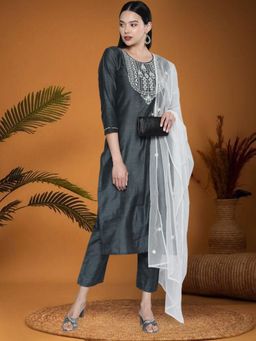KVS FAB - Women Grey Cotton Embroidered Kurta with Pant (Set of 2)