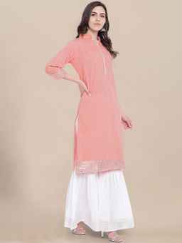 KVS FAB - Women Peach Cotton Embroidered Kurta with Sharara (Set of 2)