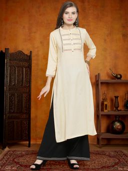 KVS FAB - Women Cream Rayon Embroidered Kurta with Palazzo (Set of 2)