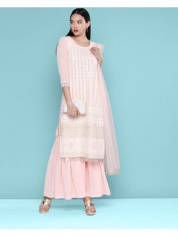 KVS FAB - Women Coral Georgette Embroidered Kurta with Sharara and Dupatta (Set of 3)