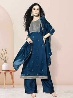 KVS FAB - Women Blue Silk Blend Embroidered Kurta with Palazzo and Dupatta (Set of 3)