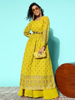 KVS FAB - Women Green Georgette Embroidered Kurta with Palazzo and Belt (Set of 3)