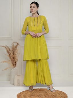 KVS FAB - Women Yellow Georgette Embroidered Kurta with Sharara (Set of 2)