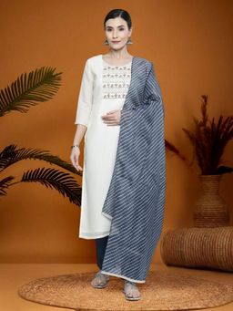 KVS FAB - Women Off White Cotton Embroidered Kurta with Pant and Dupatta (Set of 3)
